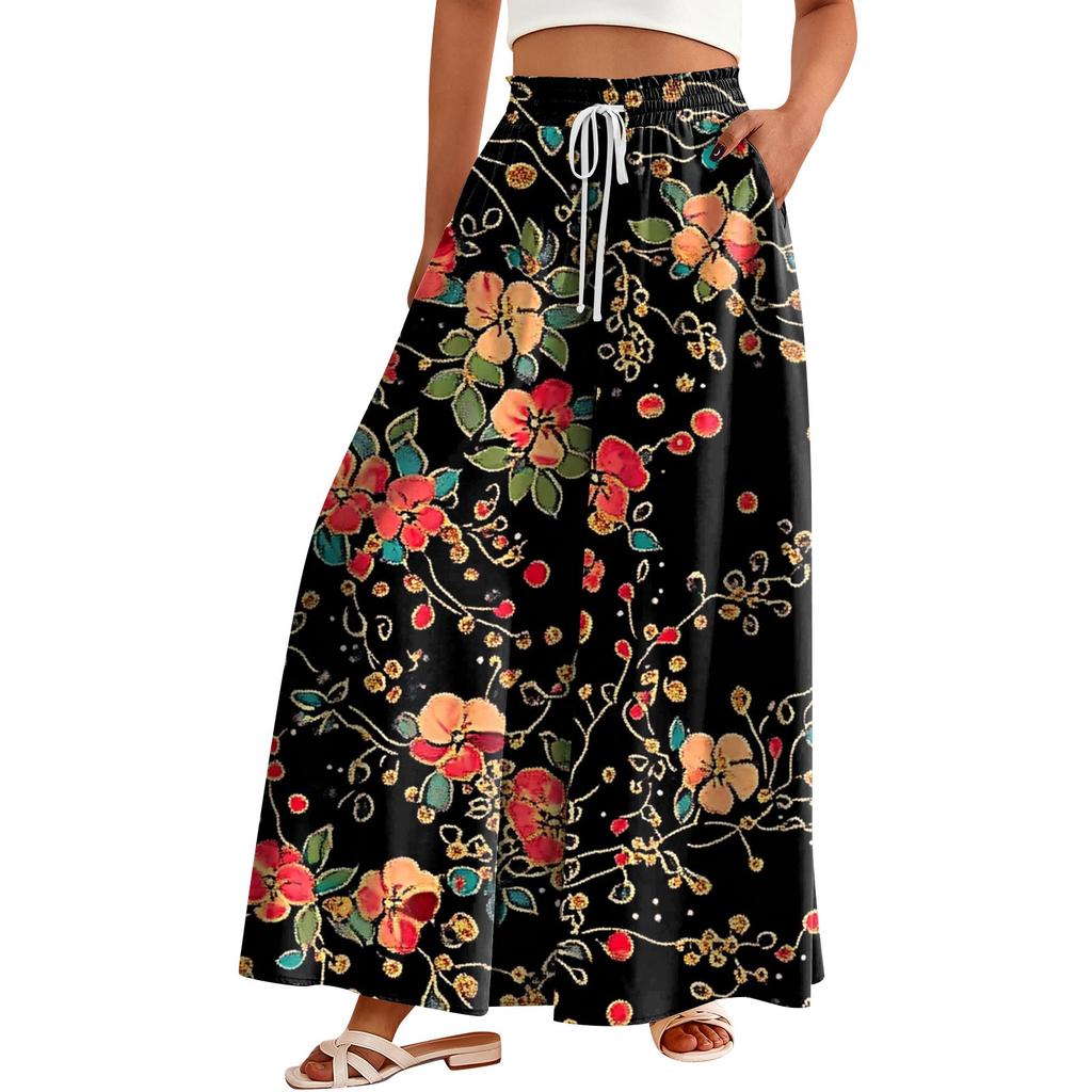 Женские брюки с высокой талией, широкие, повседневные, струящиеся брюки-палаццо, брюки с цветочным принтом и карманом