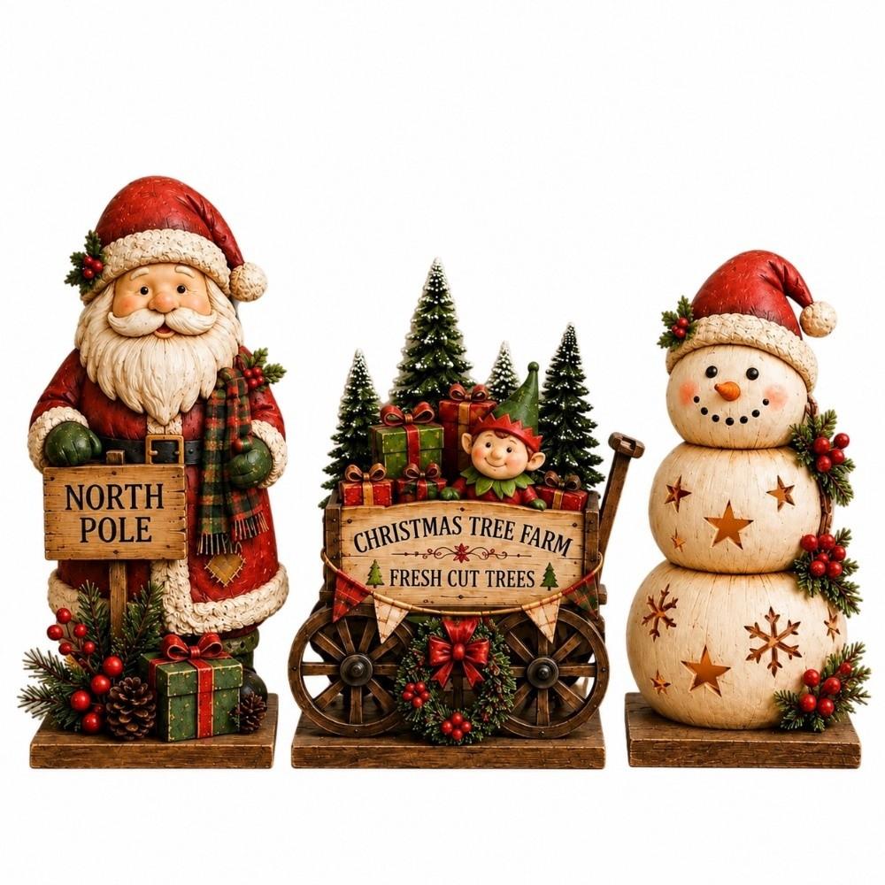 3Pcs 2D Flat Wooden Christmas Ornaments Rustic Style Christmas Figurines Home Decor