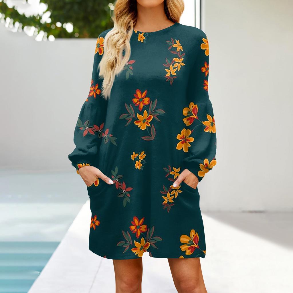 Fashion Womens Long Sleeve A Line Dress Fall Casual Pullover Crewneck Loose Fit Dress With Pockets