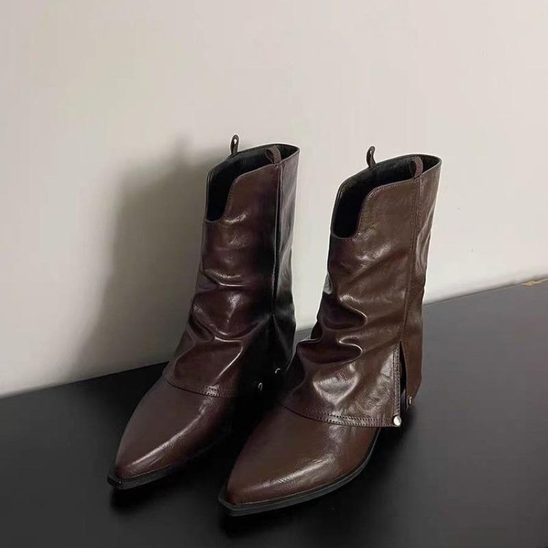 2024 Solid Color Design Pointed Toe Square Heel Winter Tall Simple Office Women's Shoes Pleated Non-slip Winter Boots Zapatos