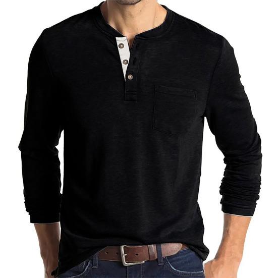 Men O Neck Autumn Winter Solid Color Long Sleeve Pocket Shirt Buttons Neck Pullover Top for