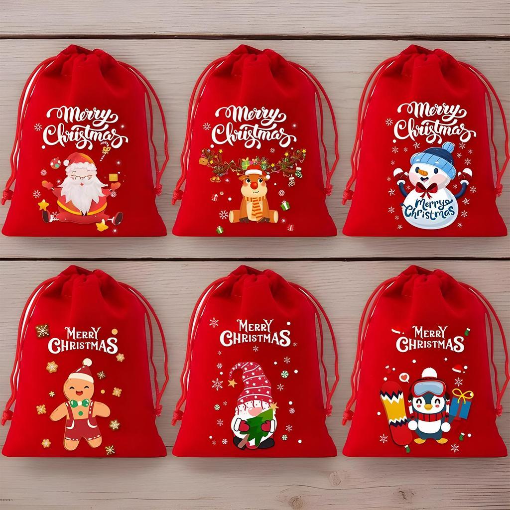 Подарочные мешочки на шнурке с принтом снеговика, просторный мешочек, 6 штук, рождественские красные мешочки на шнурке для взрослых, для праздничных домашних вечеринок