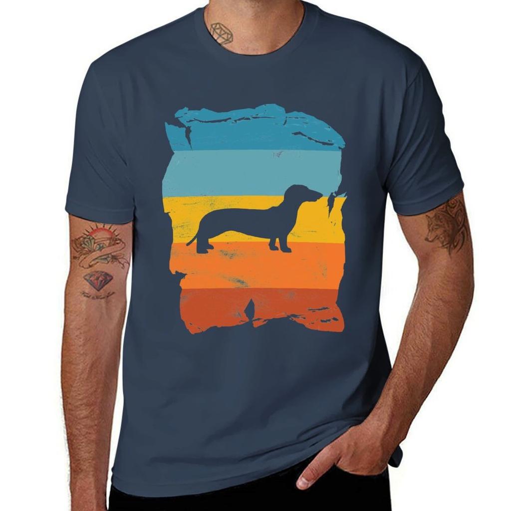 Dachshund Distressed Vintage Retro Silhouette TShirt Work Short Sleeve Cotton Top