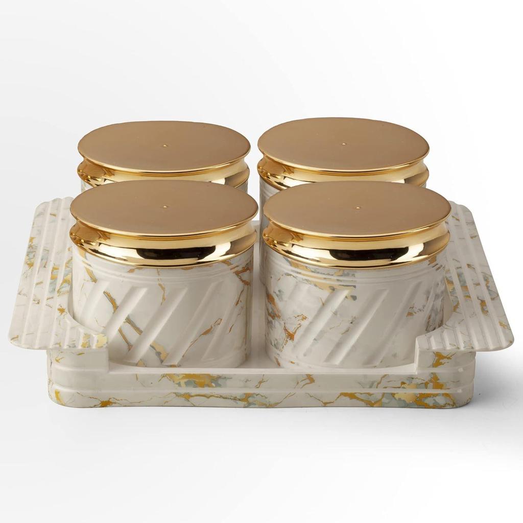 Air Tight Dry Fruit Container Tray Set with Lid & Serving Tray, Snack Serving Bowls with Lid 430ml (4 Pieces, Polypropylene) (Marbello White)