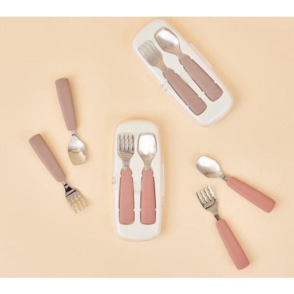 Fergie Children's Self-directed Stainless Steel Spoon and Fork Set, Spoon + Fork + Case, Taupe Brown, Korean Popular Tableware