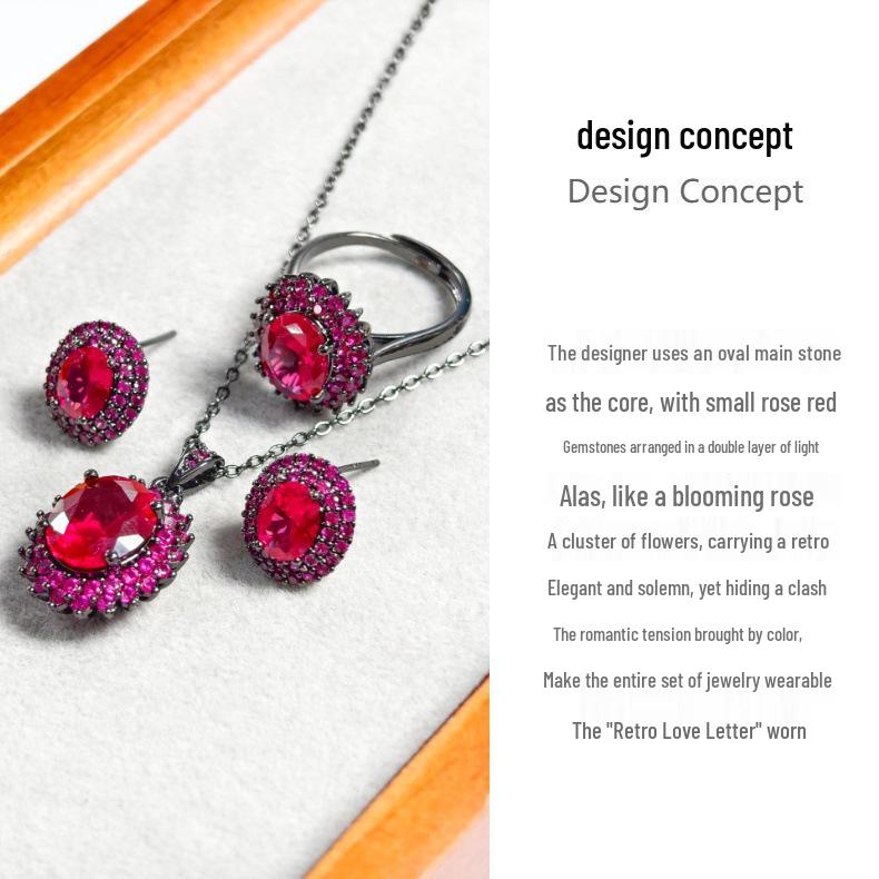 Gessen Jewelry: Новый набор с красной цирконией овальной огранки – Элегантные геометрические серьги-гвоздики, кольцо и кулон