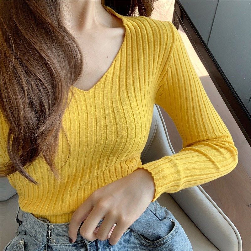 Женский вязаный свитер с V-образным вырезом, оранжевый, корейский стиль, популярный в Интернете пуловер для верхней одежды, облегающий базовый свитер с длинным рукавом на осень