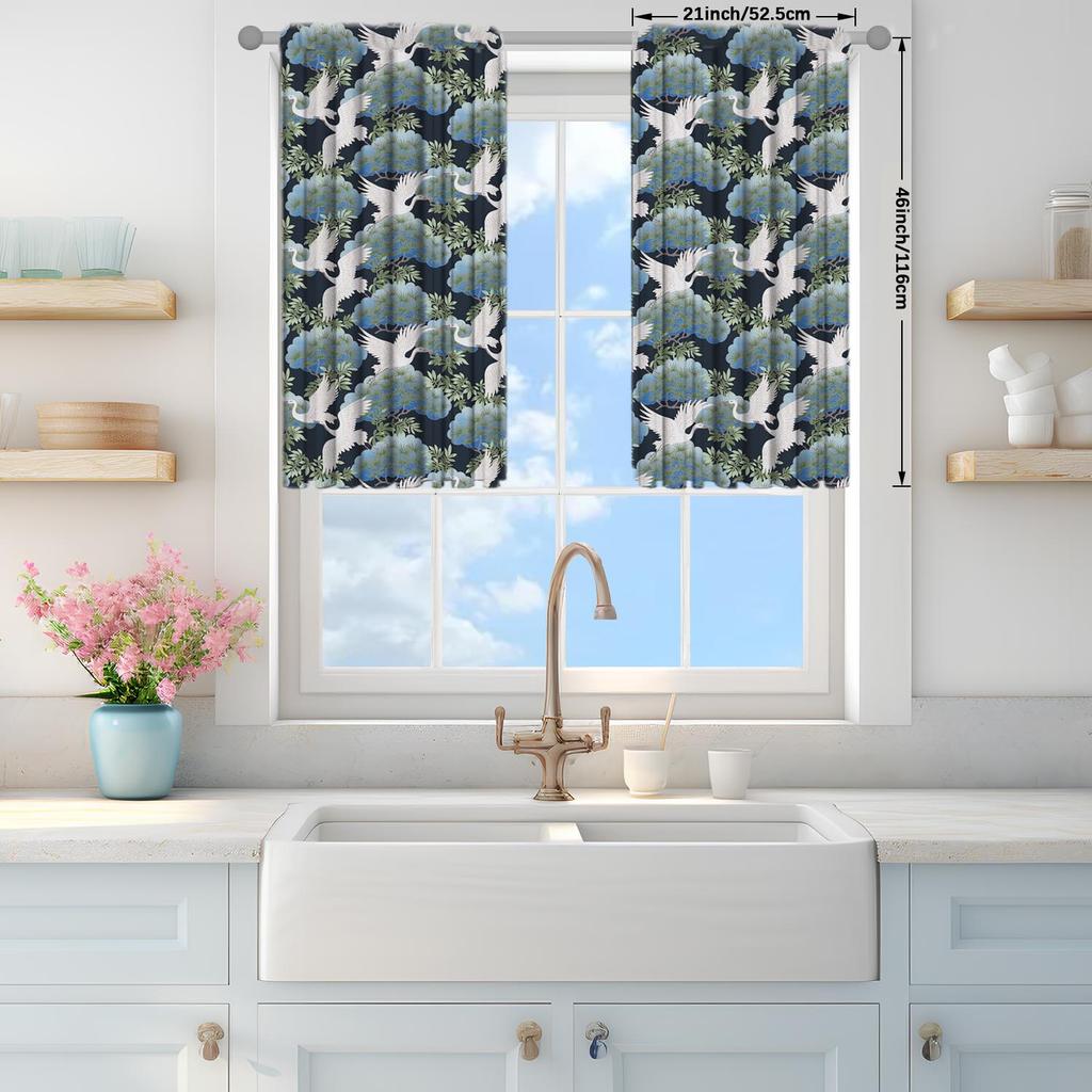 2pcs Japanese Style Hot-scalding Crane Curtains Sunshade and Privacy-protecting Pole-style Curtains