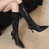2024 Новые модные женские сапоги на шпильке с боковой молнией и острым носком, однотонные модные женские сапоги на высоком каблуке