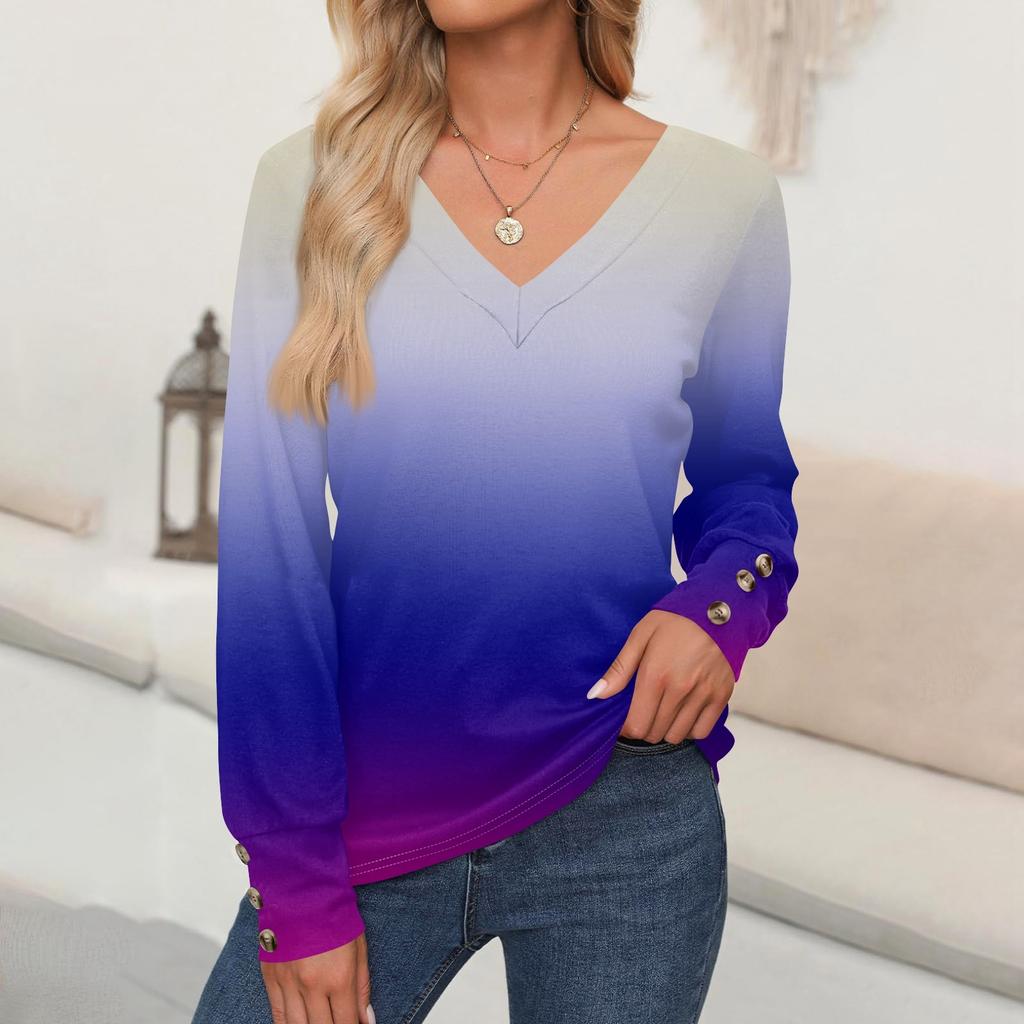 Women's Tops Gradient Printed Long Sleeve Shirt V Neck Casual Loose T-Shirt Autumn Clothing
