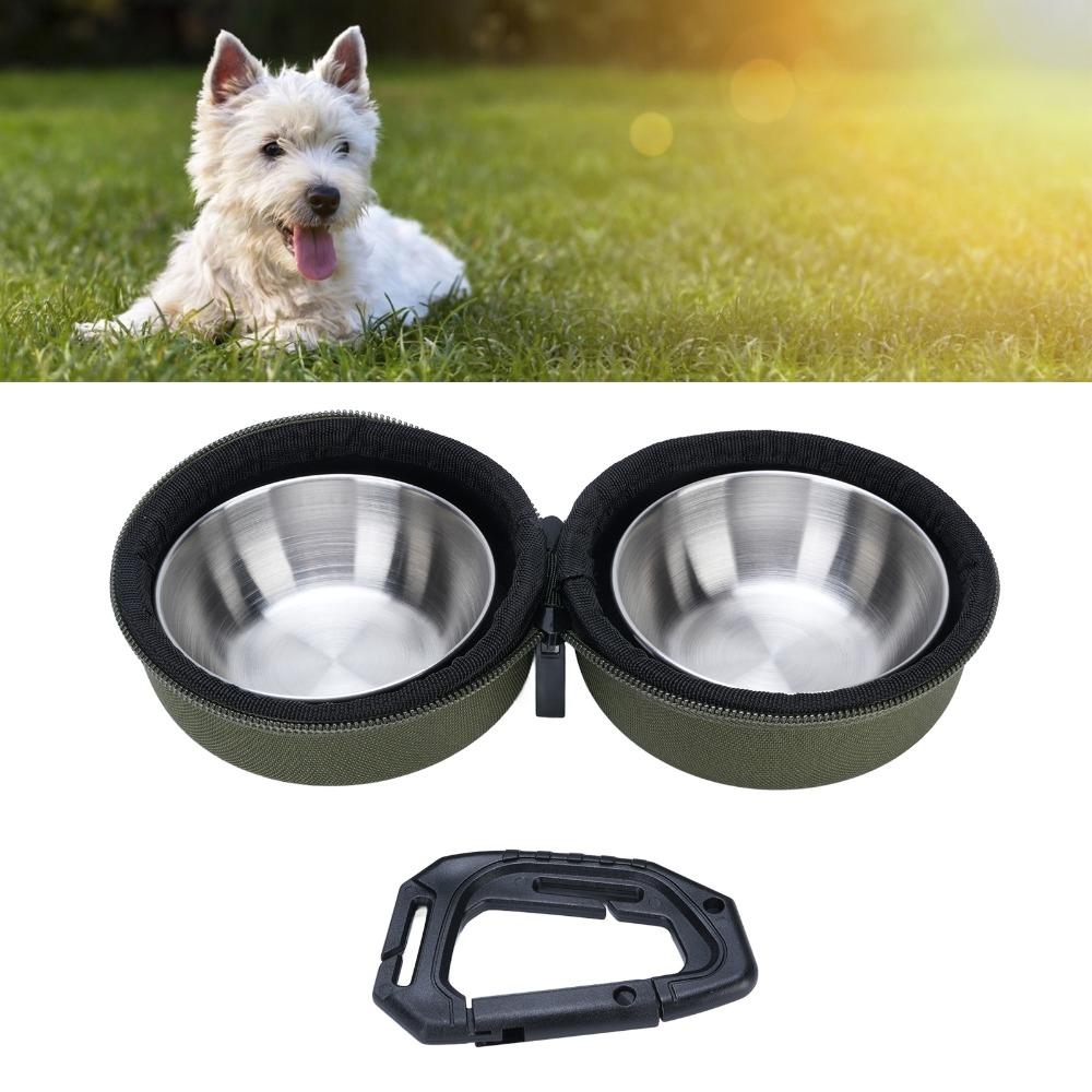 Stainless Steel Portable PET Bowl Set Green and Khaki Travel PET Feeder PET Feeding