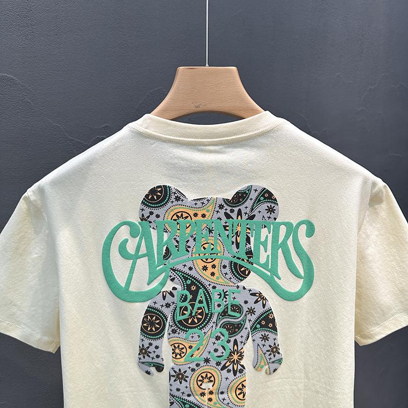 Мужская футболка с коротким рукавом и принтом медведя, полурукав, свободная, из хлопка Синьцзяна, длина три четверти