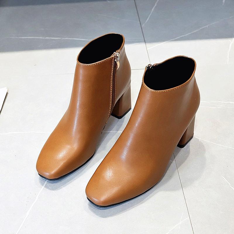 Ботинки женские 2024 короткие ботинки весна и осень высокие каблуки ботильоны кожаные ботинки толстый каблук боковая молния женские ботинки