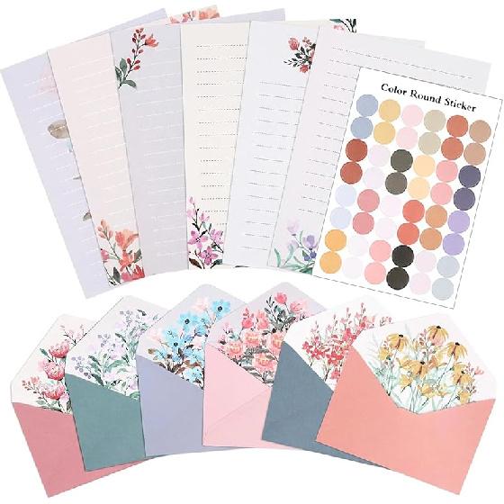 37 Pcs Stationery Paper Envelopes Set Includes 24 Lined Writing Paper & 12 Envelopes with 48 Round Stickers, Cute Bear Flower Cat Letter Writing and
