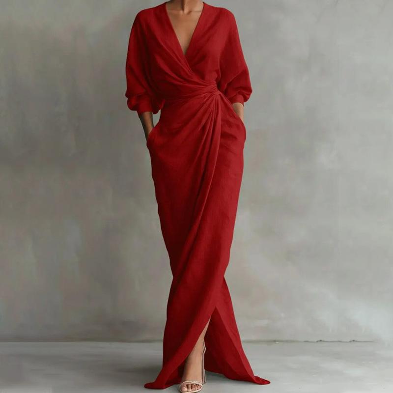 Women S V Neck Solid Color Waist Tied Long Dress Casual Home Wear