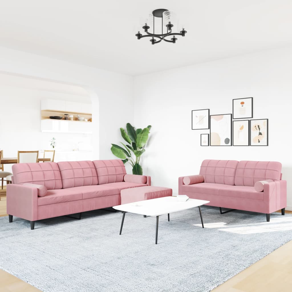 3 Piece Sofa Set with Cushions and Neck Rolls Pink Velvet