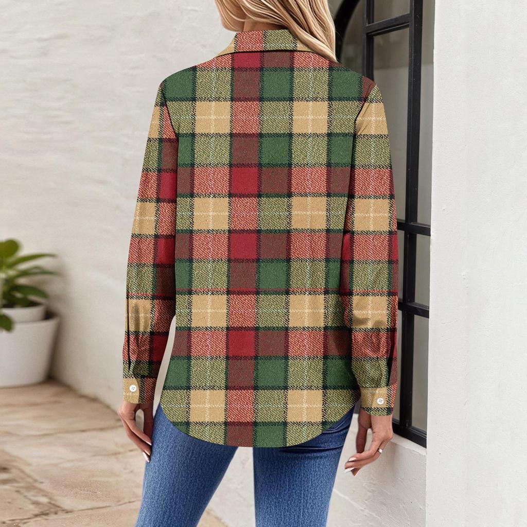 Женская рубашка-блузка с рождественским принтом и пуговицами, длинный рукав, повседневный базовый рубашечный воротник, обычный топ