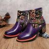 Винтажные женские сапоги на высоком каблуке с цветочным принтом, туфли из натуральной кожи, модные короткие сапоги с пряжкой на ремне с ручной росписью