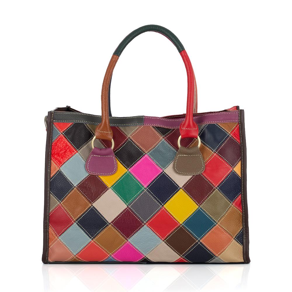 Цветная кожаная сумка-тоут для женщин, повседневная и цветная круговая строчка, модная сумка через плечо из коровьей кожи