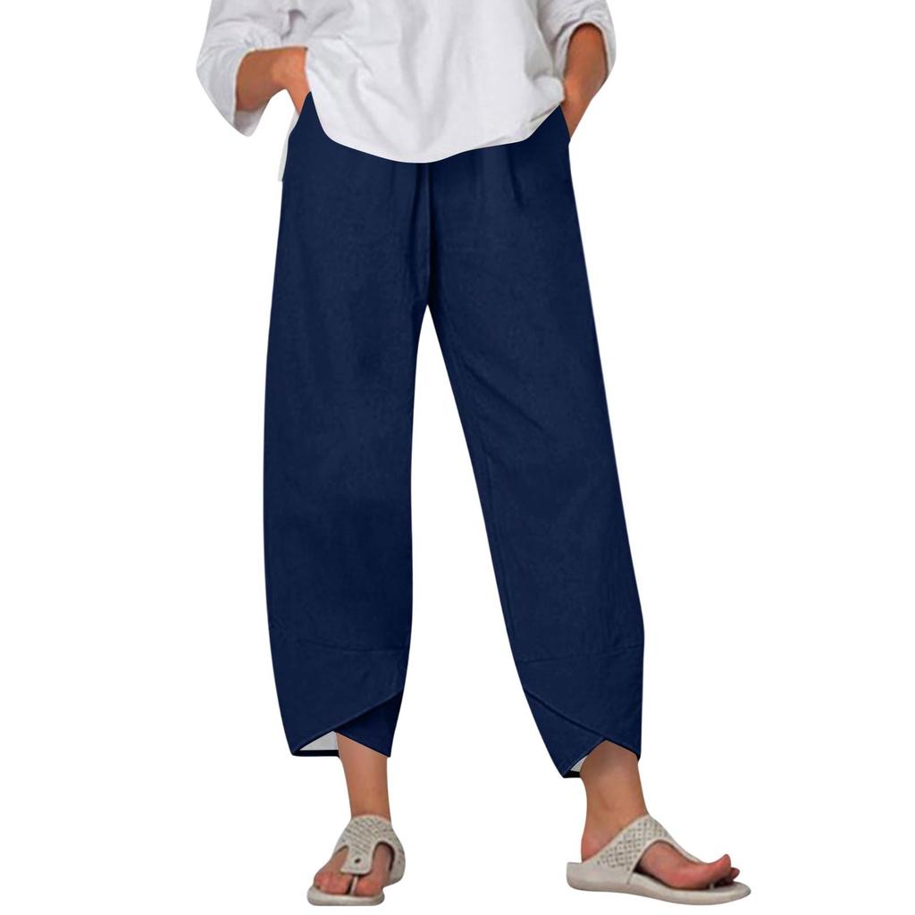 Брюки женские летние повседневные широкие брюки с эластичной резинкой на талии и карманами