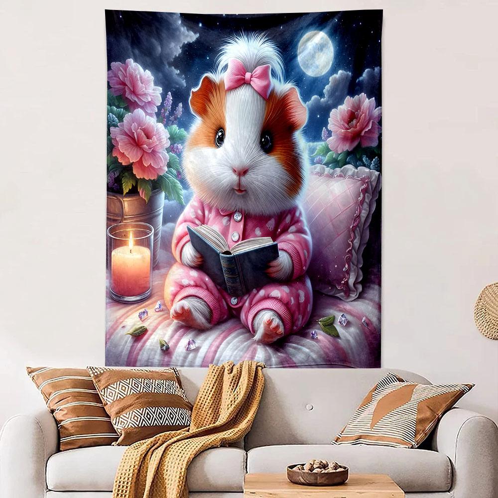 "Cozy Guinea Pig Reading at Night" Patterned Tapestry Decorative Wall Hanging, Home Bedroom Living Room Decor