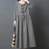 Japanese Style Linen Long Sleeve Checked Dresses For Women Long Dress Big Code Girl Oversize Loose Party Dress