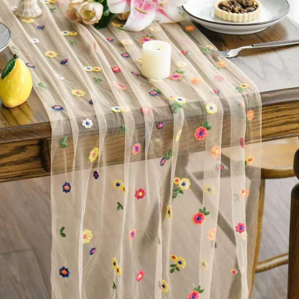 Semi-Transparent Tulle Table Runner Vintage Wedding Desktop Decoration Floral Tablecloth Party