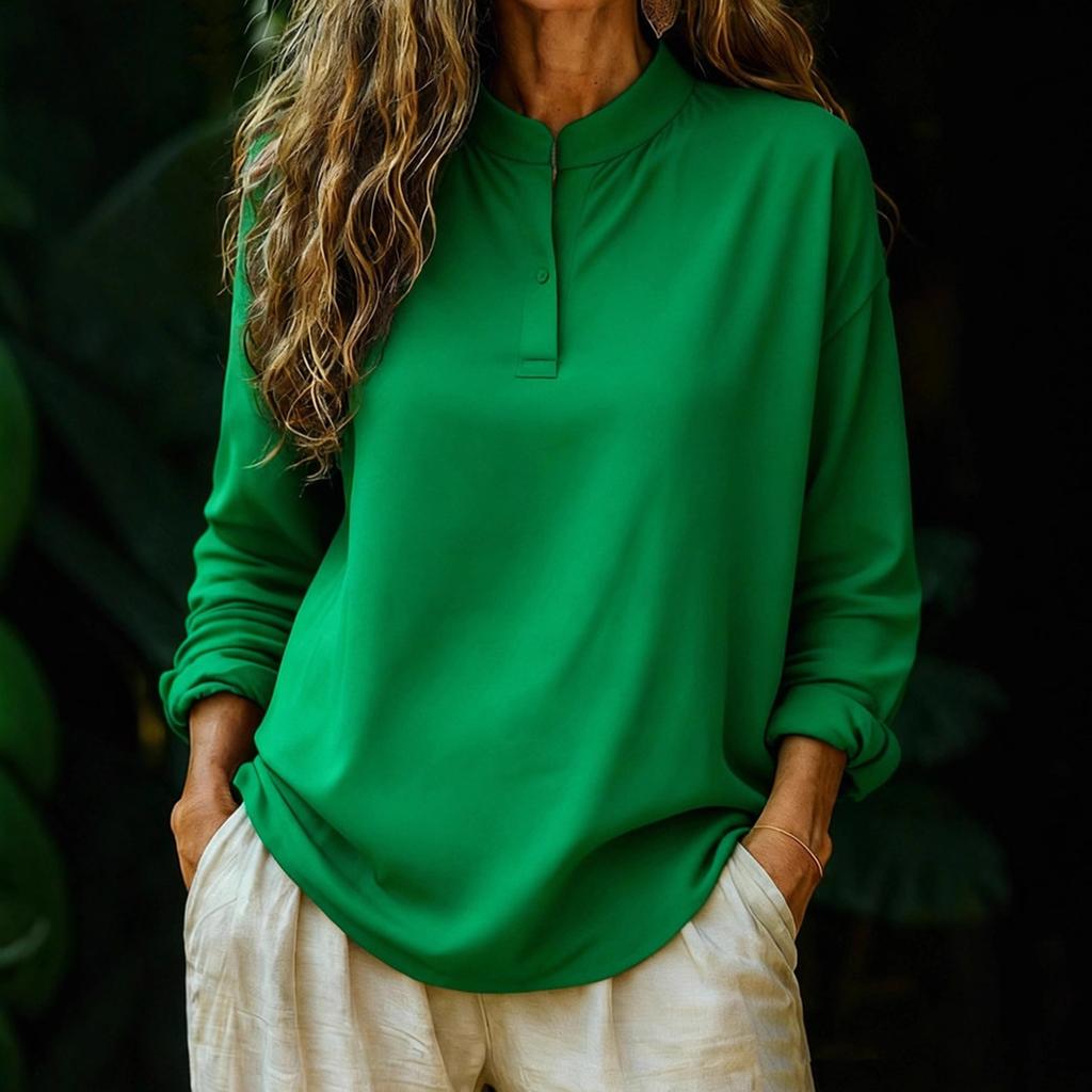 Женская модная и повседневная свободная однотонная блузка с длинным рукавом и круглым вырезом на пуговицах