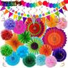 33pcs Fiesta Party Decorations Colorful Mexican Themed Hanging Paper Fans Rainbow Paper Pom Poms Fiesta Bunting and Tissue Paper Streamers