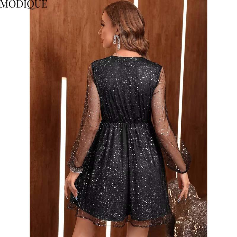 MODIQUE 2025 Summer New Ladies Sexy Elegant A-Line Sequin Mesh Long Sleeve Deep V-Neck Short Dress