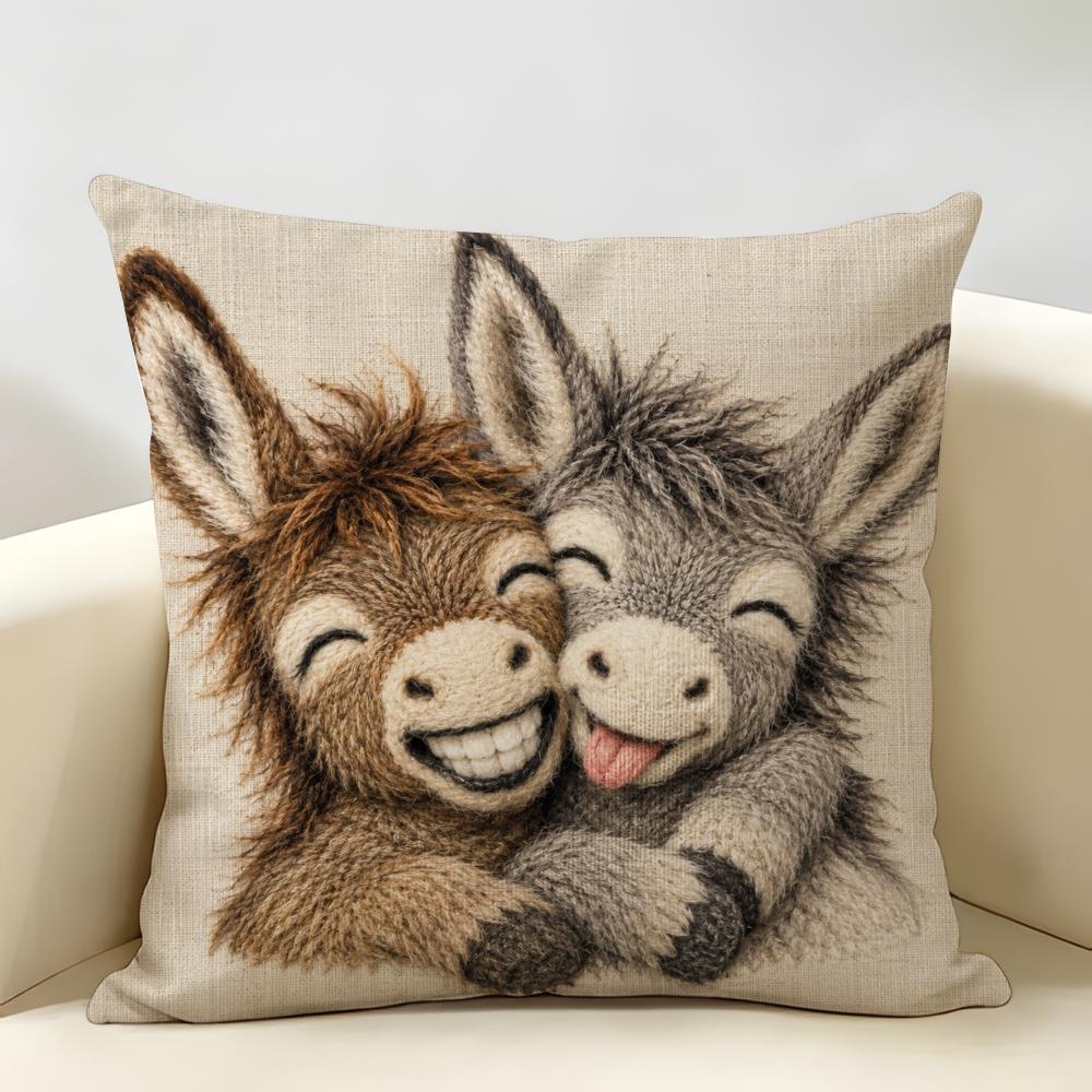 Funny Donkey Couple Cushion Cover Durable Hypoallergenic Organic Linen Pillow Cover Short Size Washable SkinFriendly