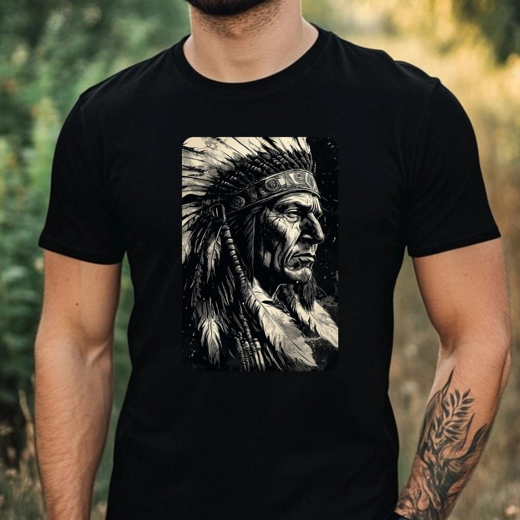 Mens Indian Chief as Warrior Motif Cotton T-Shirt Size XS to 5XL-