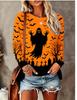 Women Halloween Long Sleeve T‑Shirt Witch Silhouette Pumpkin Bat Castle Print Crew Neck Fall Tops