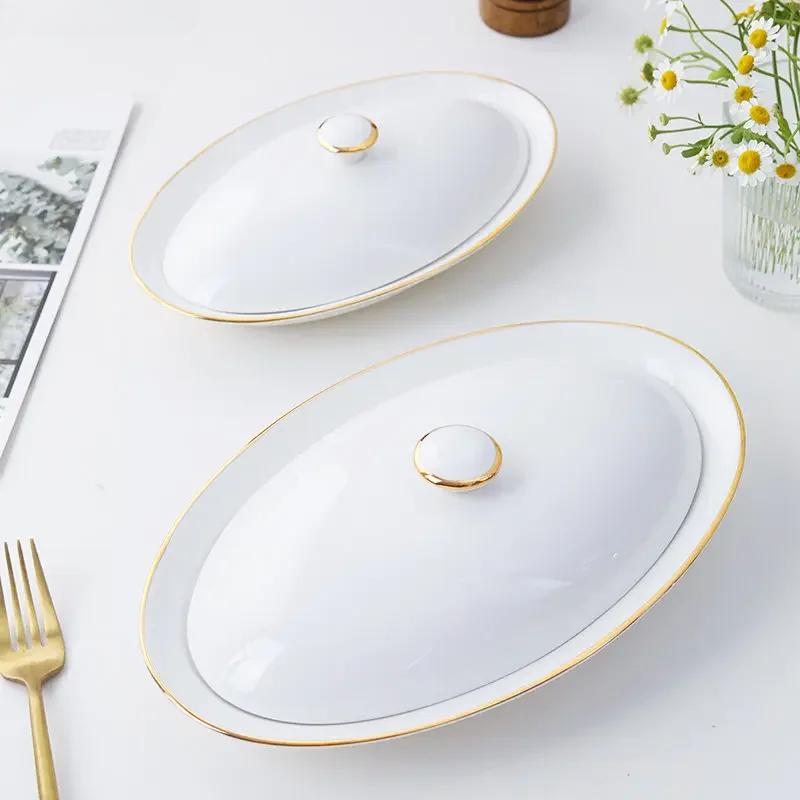 Тарелка для рыбы на пару Овальная тарелка Блюдо для сока из морских ушек Тарелка для морских огурцов Керамическая столовая посуда с крышкой Посуда для ресторана отеля