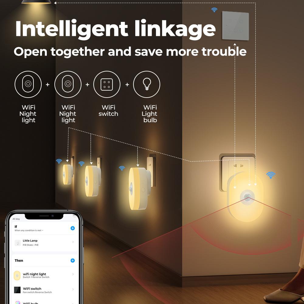 Wi-Fi Tuya Smart Led Night Light PIR Датчик движения ЕС США Великобритания Подключаемый настенный светильник Теплый белый RGB Приложение для комнаты Голос для Alexa Google Home