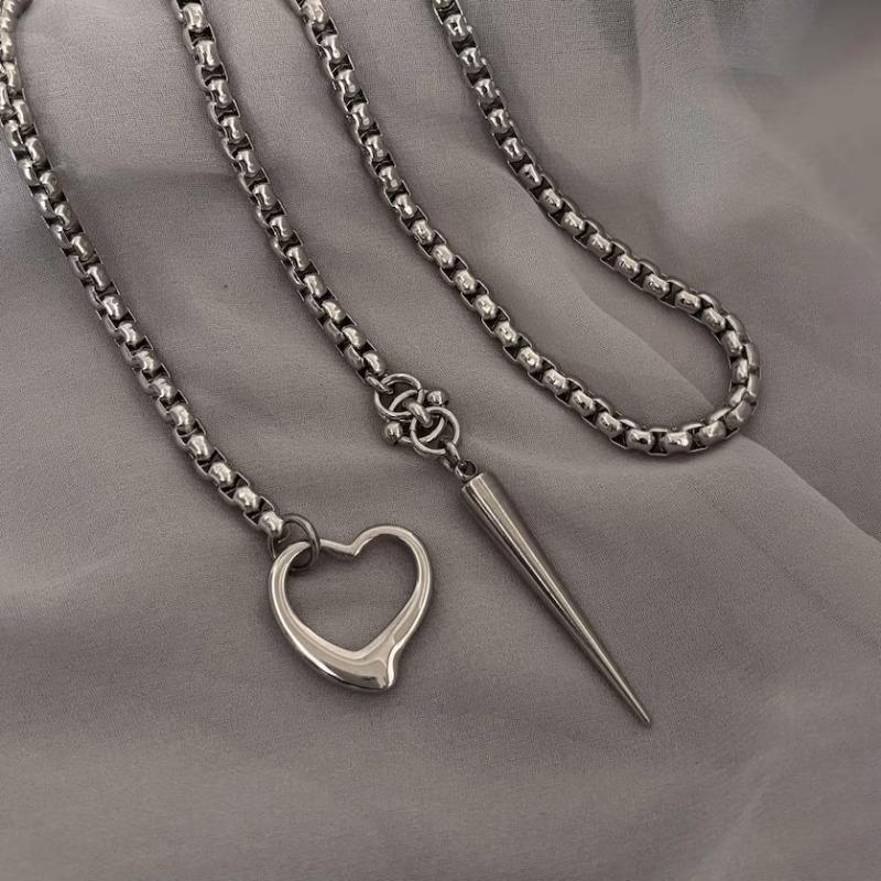 Two-Tier Silver Box Chain Y Necklace Hollow Heart Spike Pendant Vintage Grunge Layered Statement Necklaces for Women