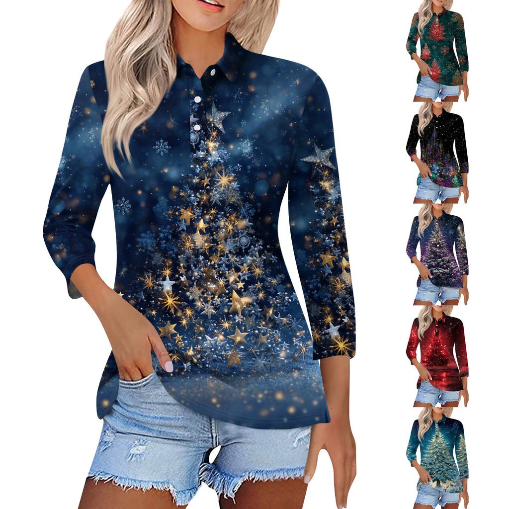 Women's Fashion Casual Lapel Short 3/4 Sleeve Christmas Print Shirt Women's Button Up Tops