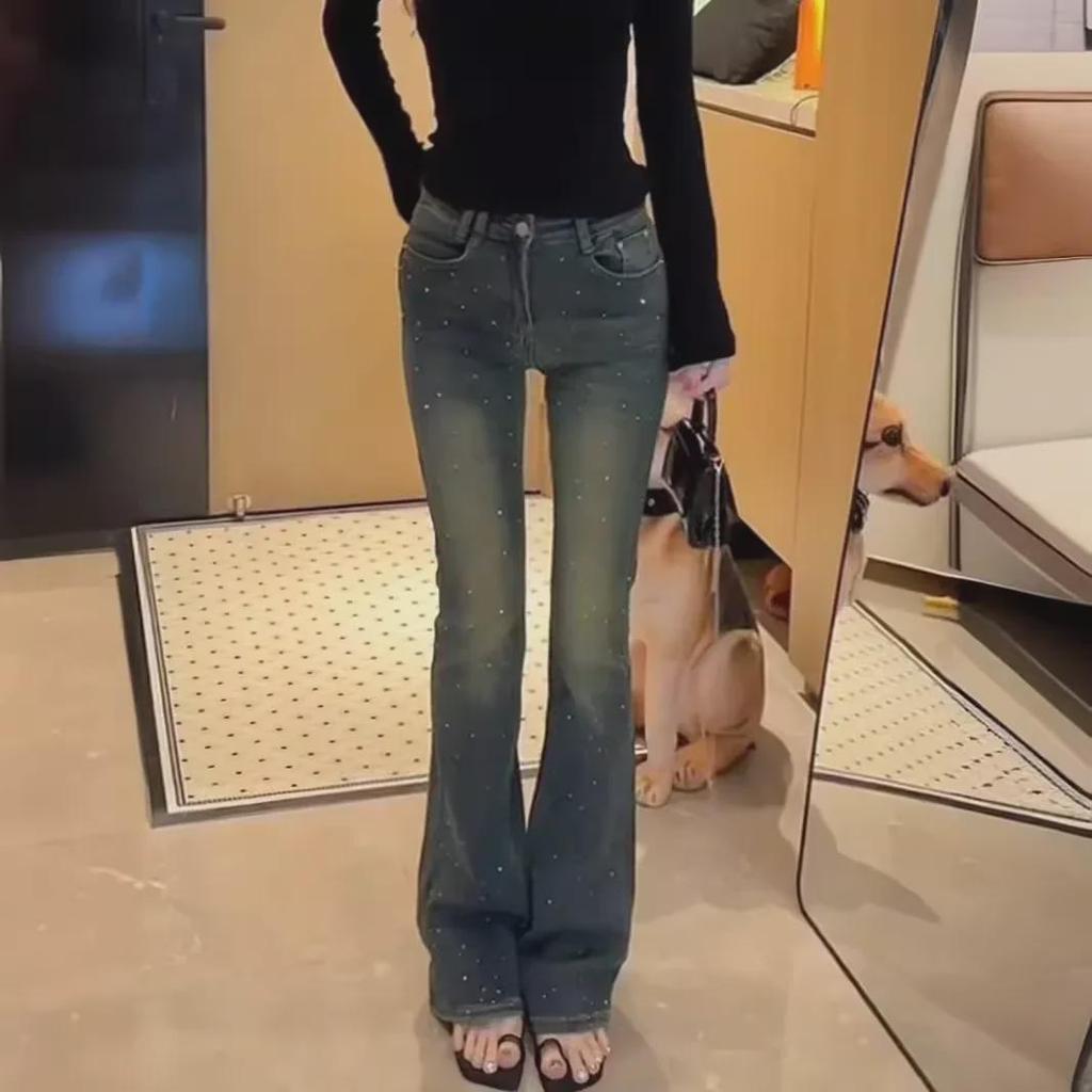 Spring Retro High Waist Distressed Denim Flared Jeans for Women