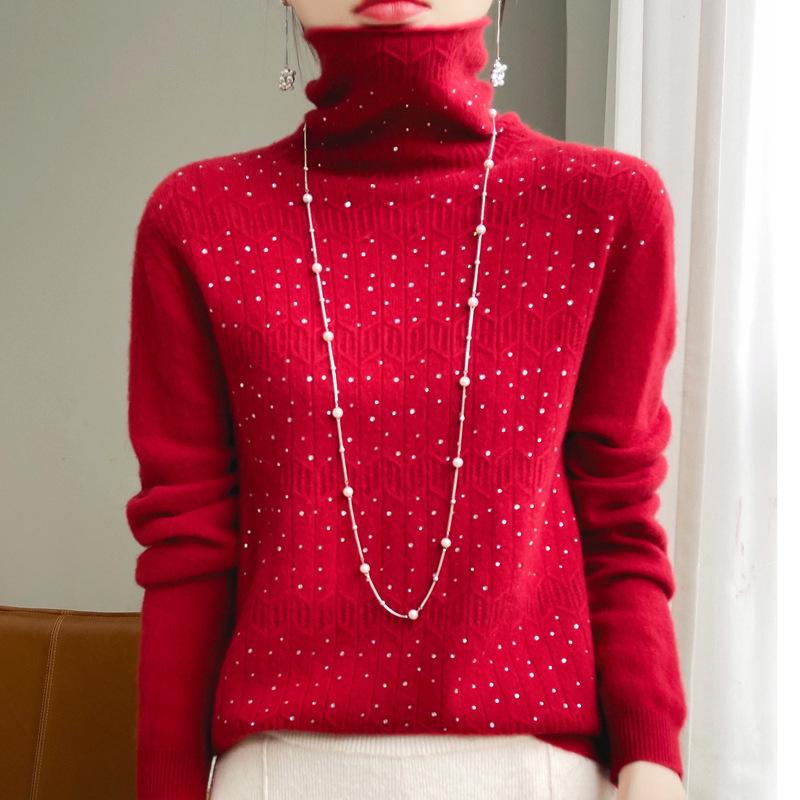 Women's 100% Pure Wool Rhinestone Turtleneck Sweater - Long Sleeve Jacquard Knit