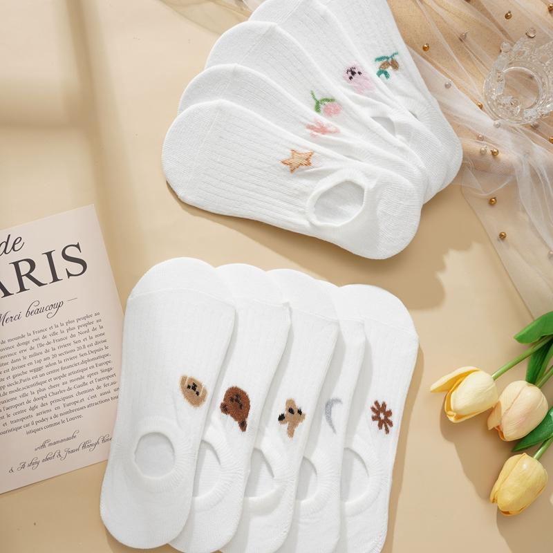 Женские летние белые невидимые носки с милой вышивкой в виде животных и растений, силиконовые нескользящие носки