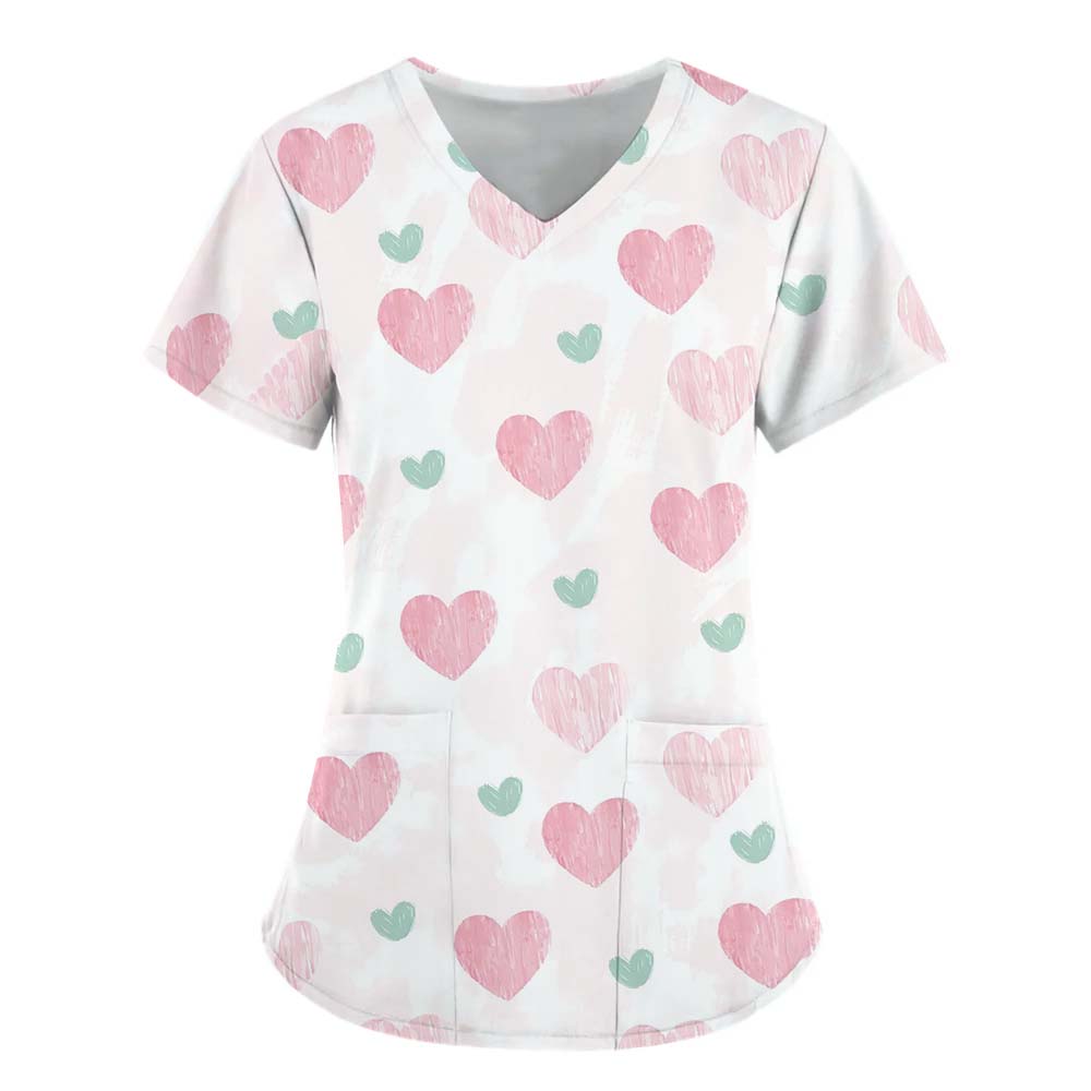 Women Working Uniform Smile Heart Print Cartoon Cat Dog Short Sleeve V-neck Tops Femme Blouse Nurse Work Wear Medical Uniforms