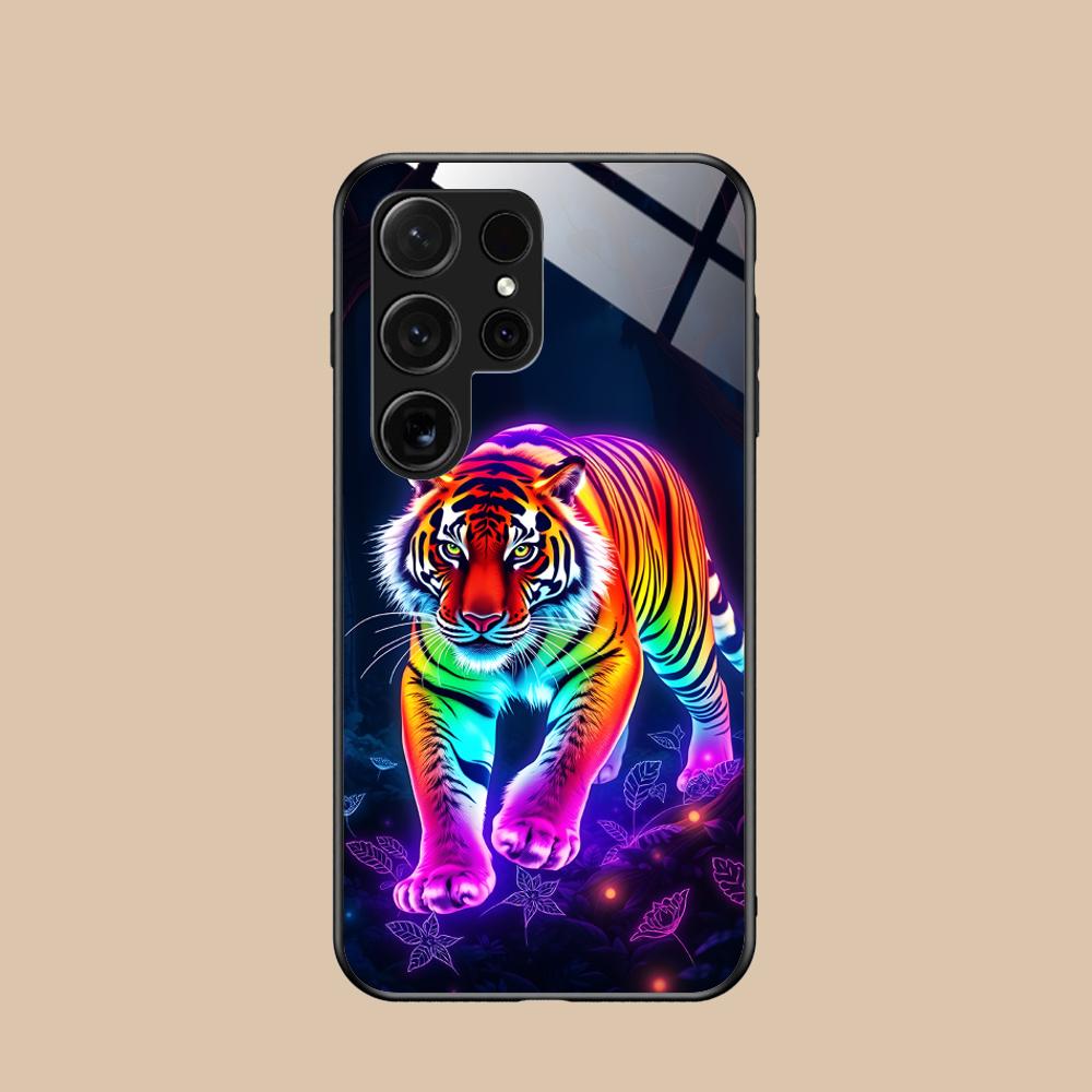 Неоновая чехол-бампер с тигром для мобильного телефона Samsung Galaxy A56 55 54 53 52 51 36 35 34 23 16 15 5G Стеклянный Цветной Чехол Роскошный