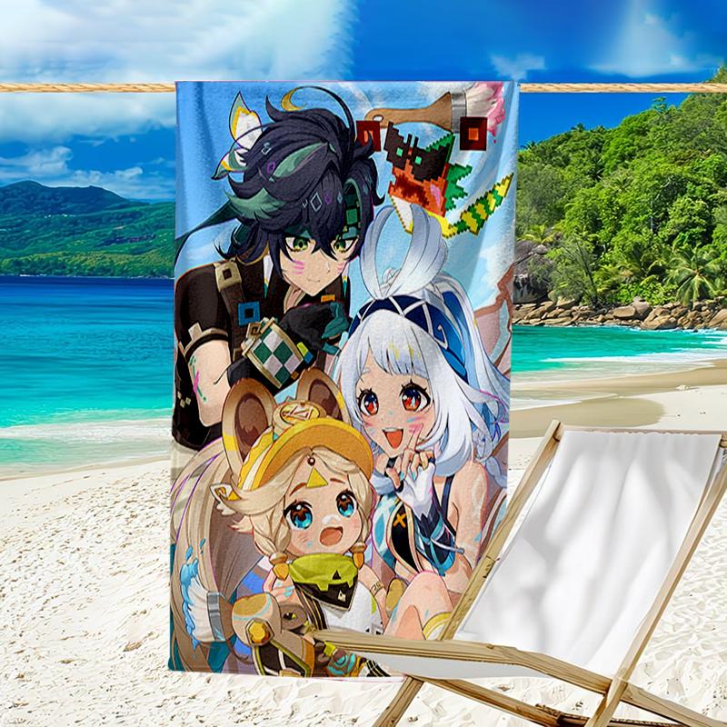 proof beach towel with a Genshin Impact characters pattern - soft,absorbent,quick-drying,machine washable - perfect for swimming,camping,bathing