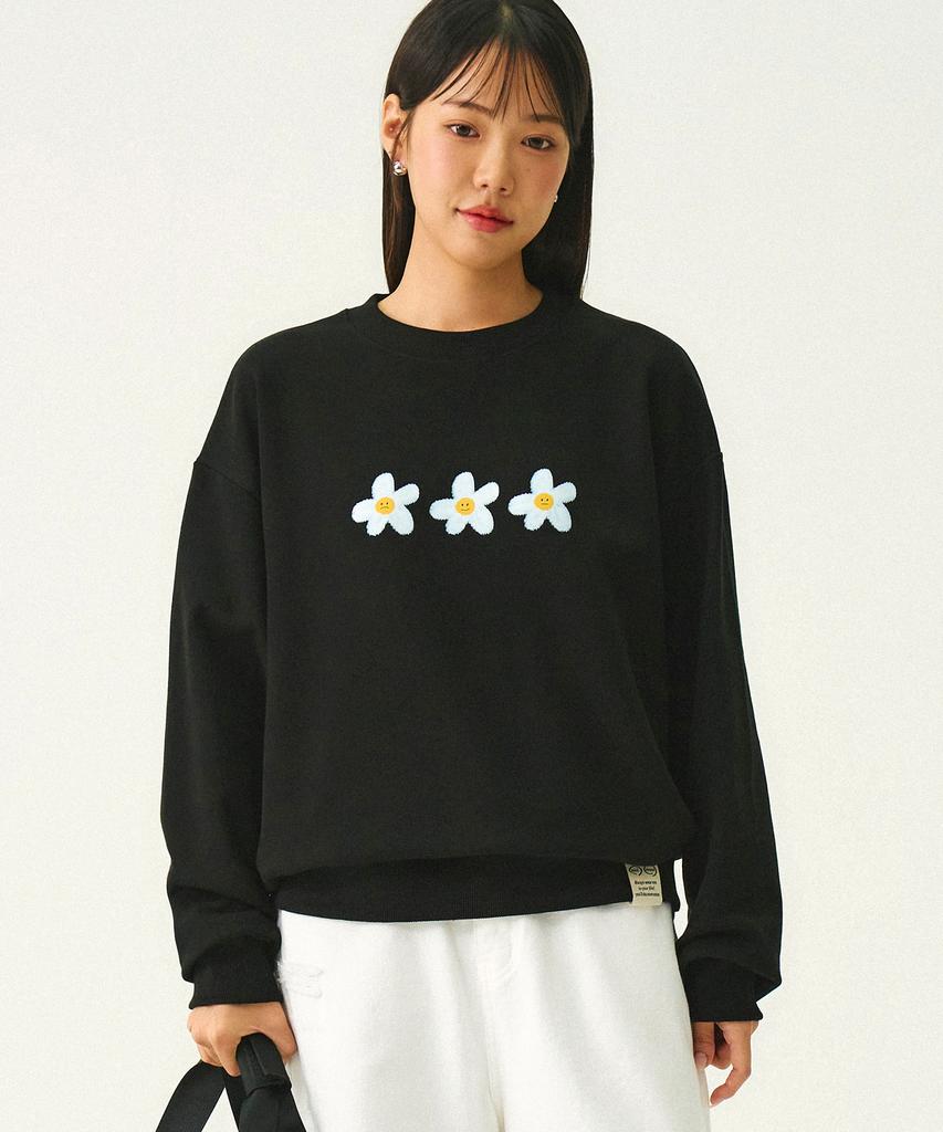 GRAVER [Unisex] 3 Painting Flower Smile Sweatshirt_Black