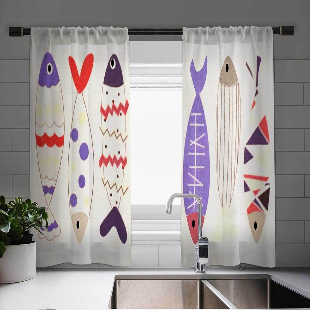 2-панельные шторы с принтом «Кот Фортуны» Шторы для кухни с рыбками Кухонные жалюзи Оконные шторы 75% затемнения Кофейные шторы