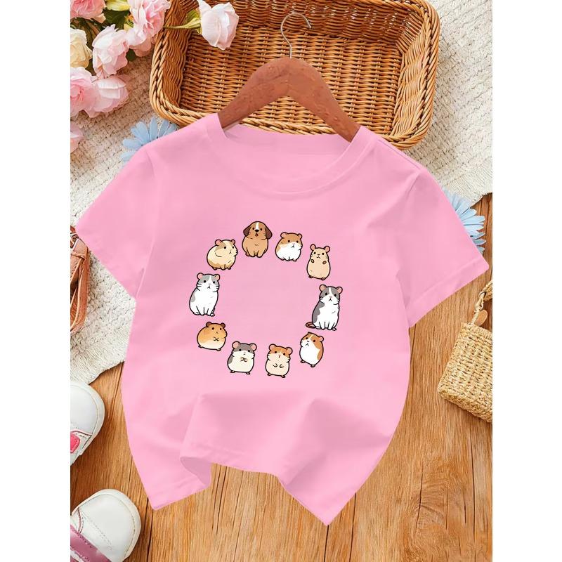 European sizes Multi-Hamster Wreath Girl Summer Short Sleeve T-Shirt, Breathable Comfortable Fashion Print Top