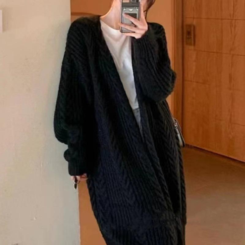 Vintage Lazy Style All-match Knitted Hemp Pattern Autumn and Winter Loose Thick Warm Long Cardigan Sweater Coat Women's Clothing