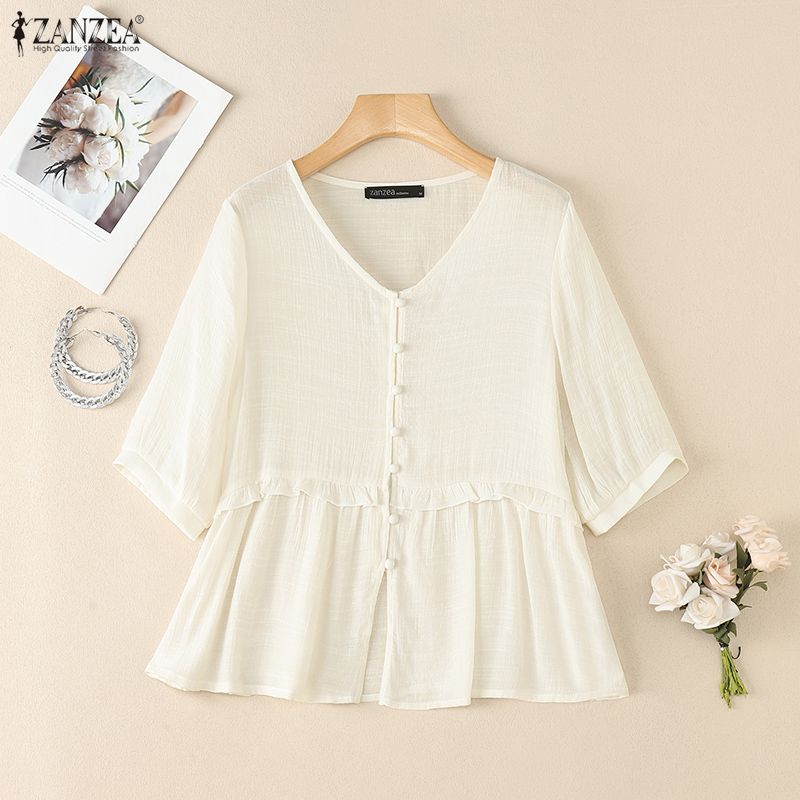 ZANZEA Женская повседневная летняя блузка с V-образным вырезом и коротким рукавом