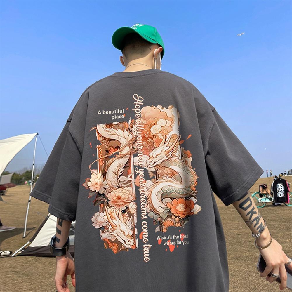 Футболка с коротким рукавом с принтом «Год Дракона, год Хонмэй», мужская летняя, 100% хлопок, принт «Национальный прилив», свободный покрой