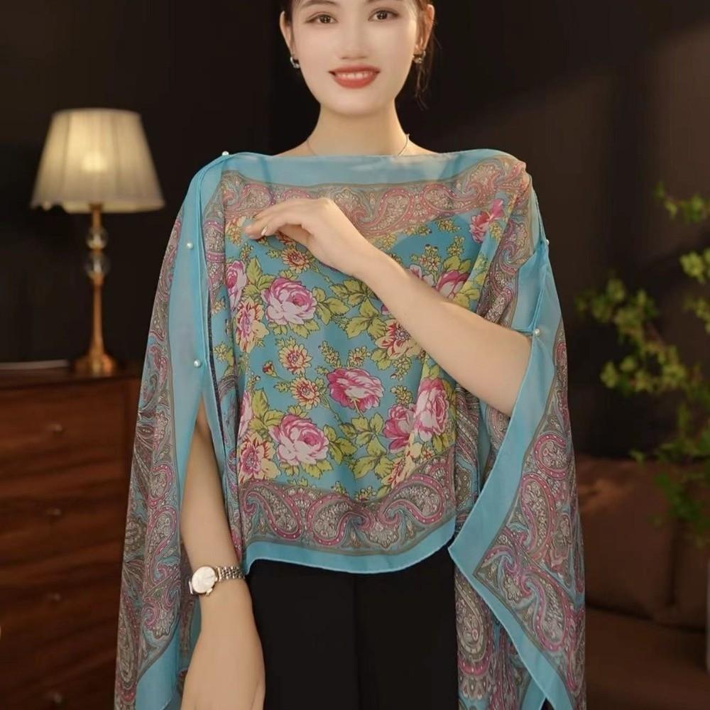 Long Length Sun Protection Shawl Flower Pattern Chiffon Scarf Breathable Shawl  Outdoor Activities
